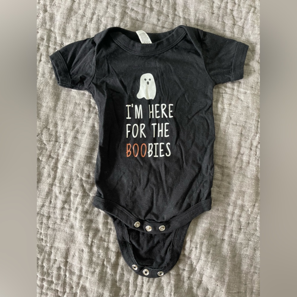 Bella Canvas Kids Here for the Boobies Halloween onesie ghosts 3-6 month baby